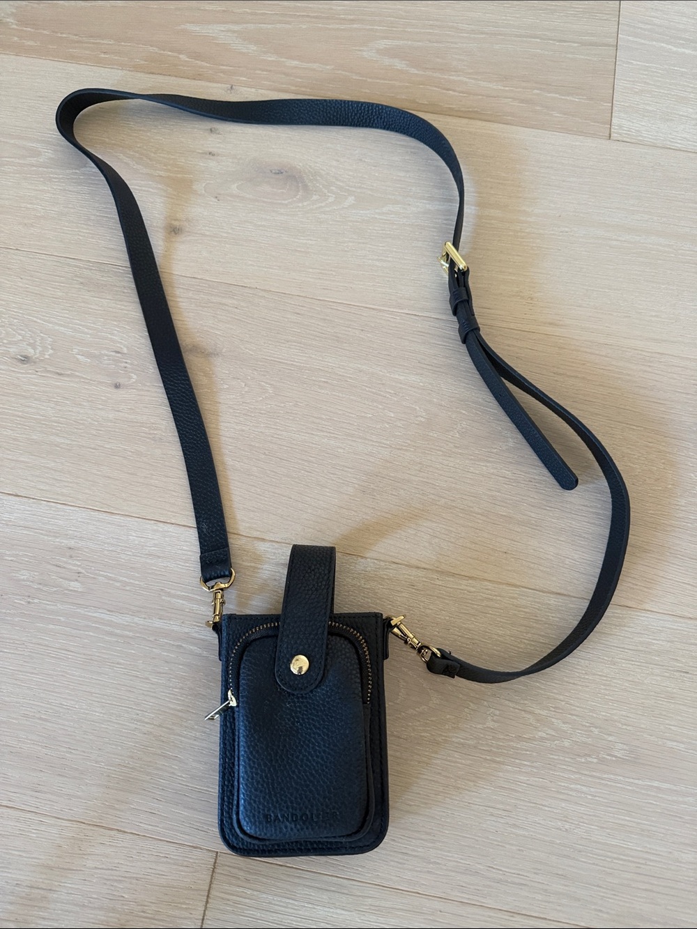 Bandolier Black Leather Mini Crossbody Phone Pouch with Gold Hardware